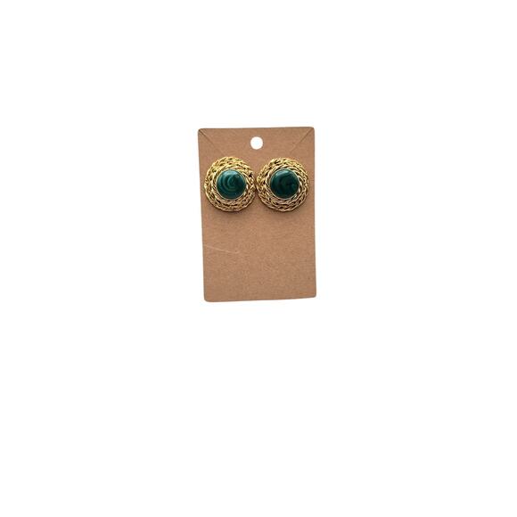 Green Cabochon Clip-On Vintage Earrings Gold Woven Statement Retro - Picture 4 of 5